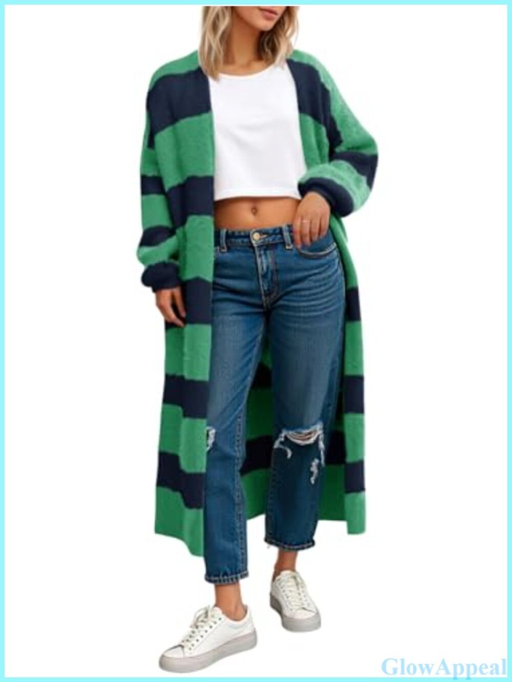 Striped Open Front Long Cardigan Chunky Fuzzy Knit Duster Sweater